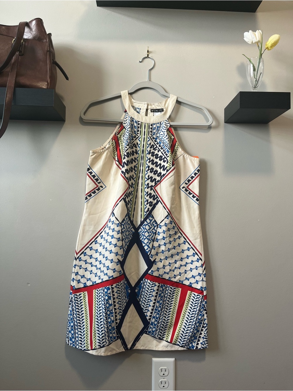 VENUS Cream Halter Mini Dress with Blue and Red Geometric Print